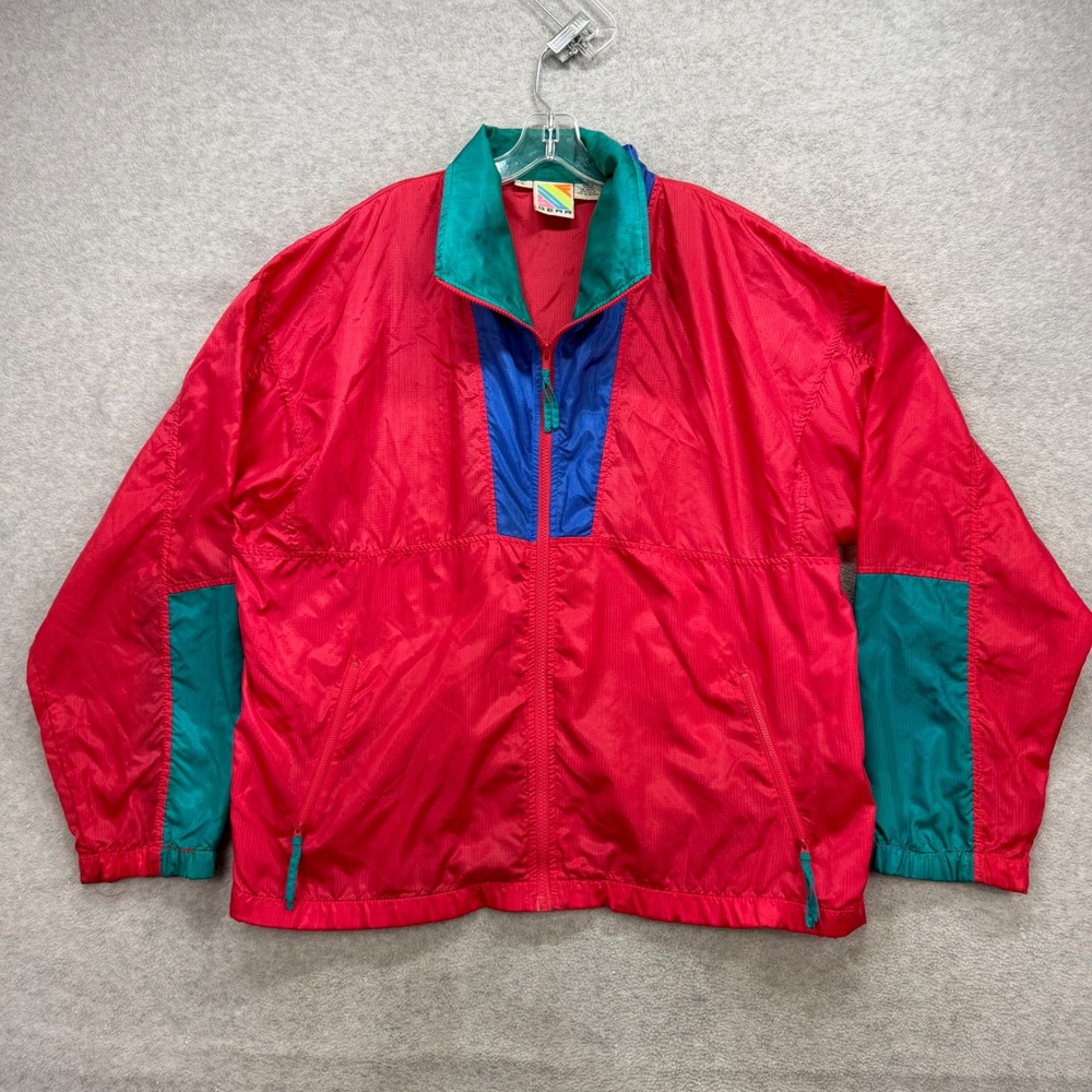 Vintage Surf Gear Windbreaker Mens XL Red Teal Blue Colorblock 90s Nylon Ripstop